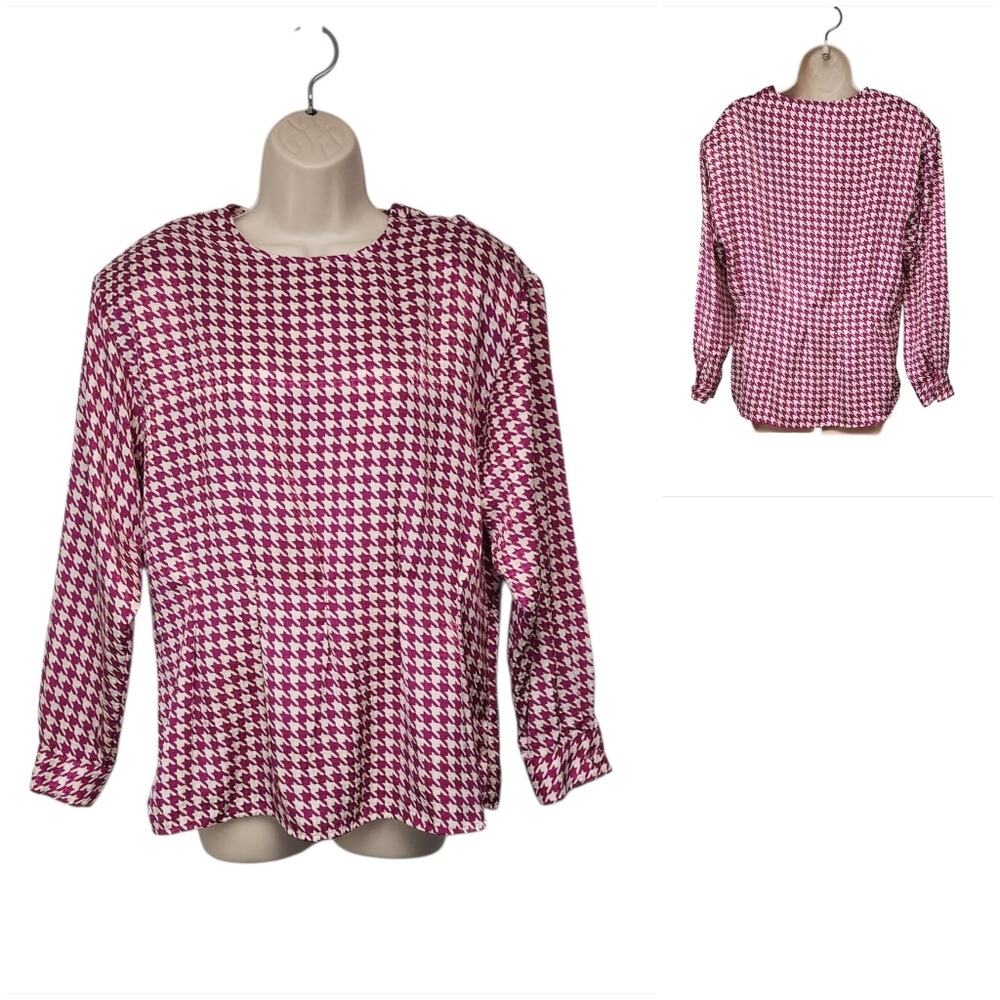 Dividends Vintage Round Neck Long Sleeve Houndstooth Pink/Cream Blouse Size 10